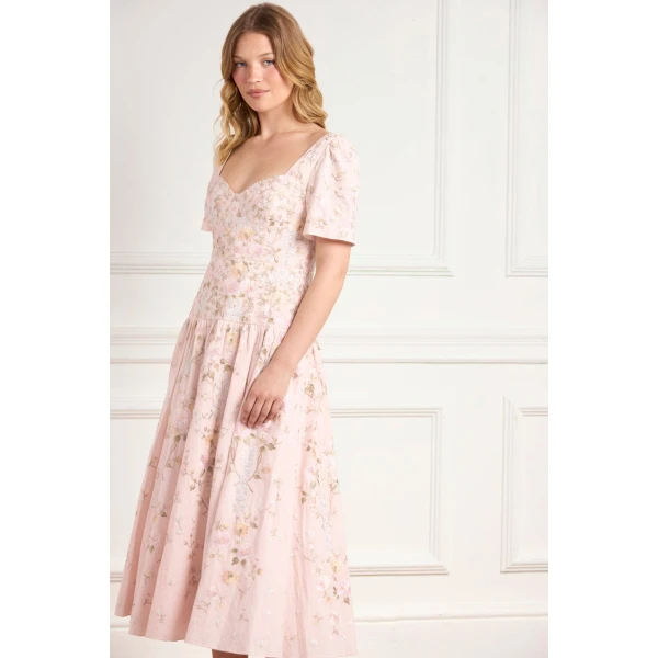 Needle & Thread Garden Rose Linen Blend Ballerina Dress in Shell/Pastel Blue - Dresses - British Luxury Evening Wear at Luxury Shoes 