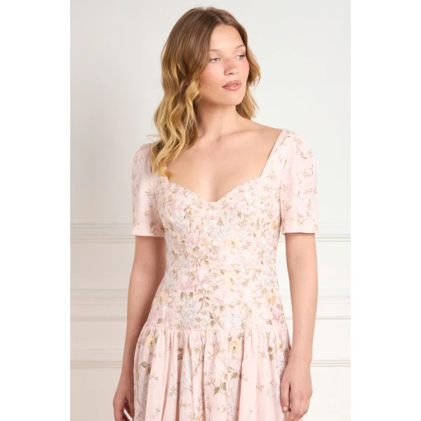 Needle & Thread Garden Rose Linen Blend Ballerina Dress in Shell/Pastel Blue - Dresses - British Luxury Evening Wear at Luxury Shoes 