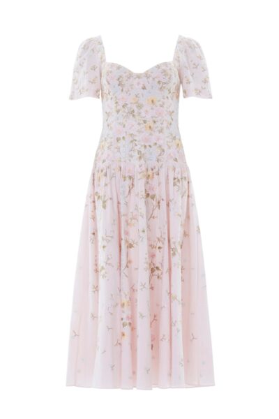 Needle & Thread Garden Rose Linen Blend Ballerina Dress in Shell/Pastel Blue - Dresses - British Luxury Evening Wear at Luxury Shoes 