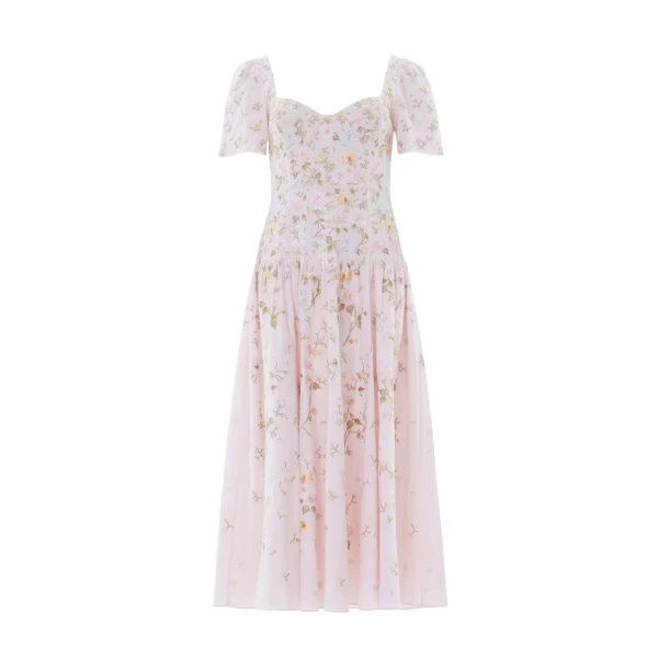 Needle & Thread Garden Rose Linen Blend Ballerina Dress in Shell/Pastel Blue - Dresses - British Luxury Evening Wear at Luxury Shoes 