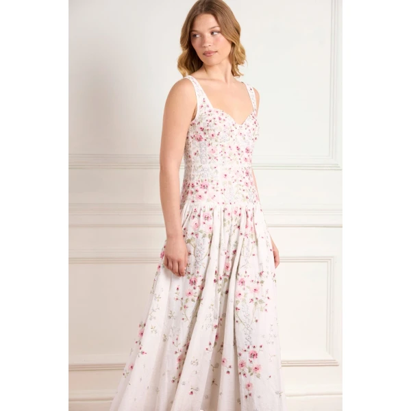 Needle & Thread Garden Rose Linen Blend Sleeveless Ankle Gown in Swan White/Bright - Dresses - British Luxury Evening Wear at Luxury Shoes 