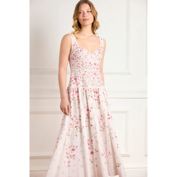 Needle & Thread Garden Rose Linen Blend Sleeveless Ankle Gown in Swan White/Bright - Dresses - British Luxury Evening Wear at Luxury Shoes 