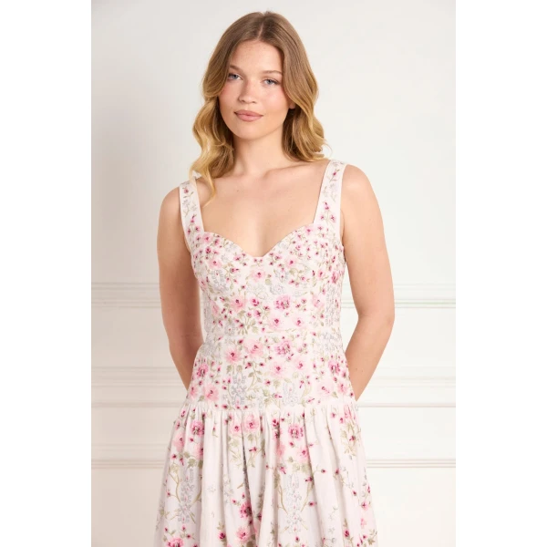 Needle & Thread Garden Rose Linen Blend Sleeveless Ankle Gown in Swan White/Bright - Dresses - British Luxury Evening Wear at Luxury Shoes 