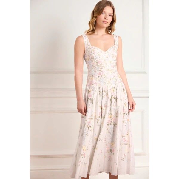 Needle & Thread Garden Rose Linen Blend Sleeveless Ankle Gown in Swan White/Pastel Blue - Dresses - British Luxury Evening Wear at Luxury Shoes 