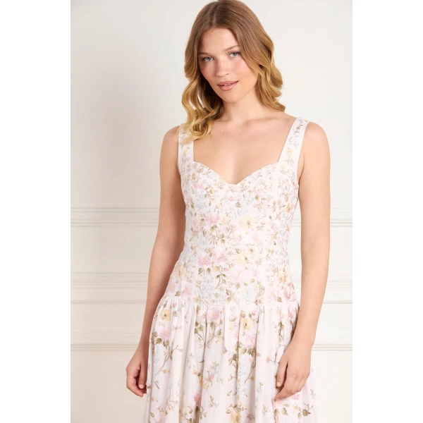 Needle & Thread Garden Rose Linen Blend Sleeveless Ankle Gown in Swan White/Pastel Blue - Dresses - British Luxury Evening Wear at Luxury Shoes 
