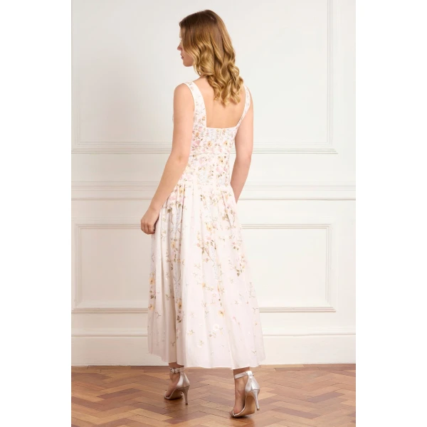 Needle & Thread Garden Rose Linen Blend Sleeveless Ankle Gown in Swan White/Pastel Blue - Dresses - British Luxury Evening Wear at Luxury Shoes 