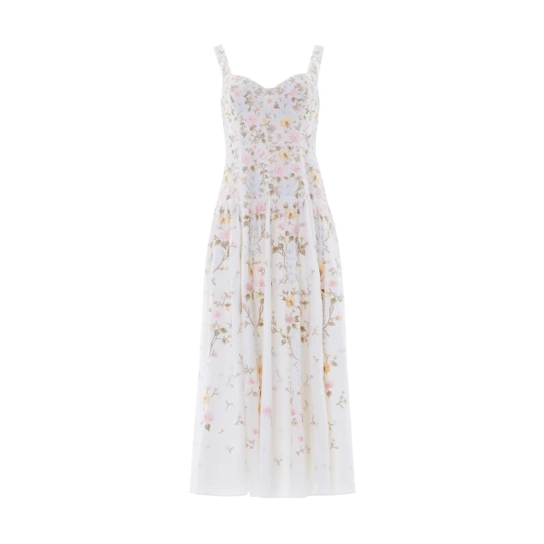 Needle & Thread Garden Rose Linen Blend Sleeveless Ankle Gown in Swan White/Pastel Blue - Dresses - British Luxury Evening Wear at Luxury Shoes 