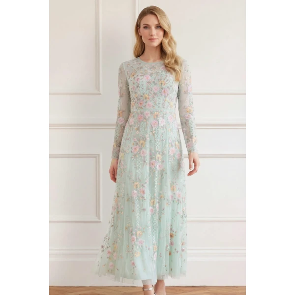Needle & Thread Garden Rose Long Sleeve Ankle Gown in Sea Mist/Pastel Mint - Dresses - British Luxury Evening Wear at Luxury Shoes 