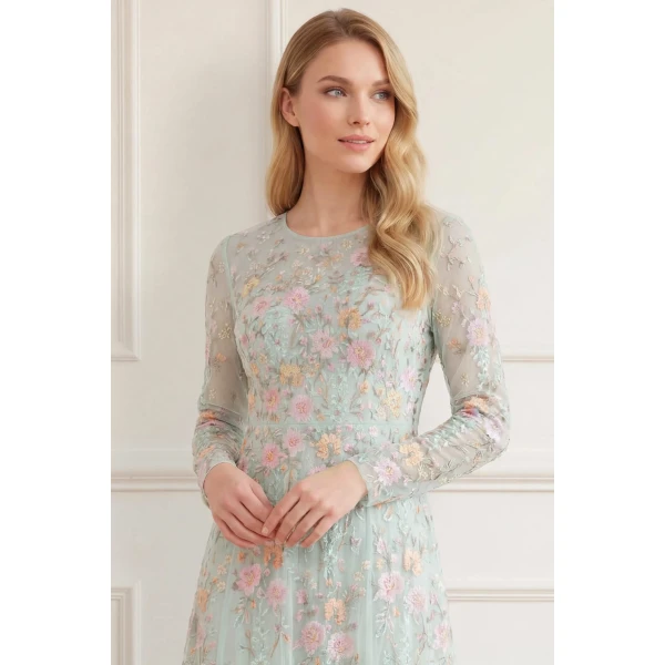 Needle & Thread Garden Rose Long Sleeve Ankle Gown in Sea Mist/Pastel Mint - Dresses - British Luxury Evening Wear at Luxury Shoes 