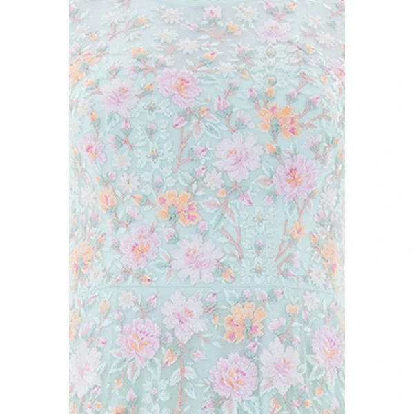 Needle & Thread Garden Rose Long Sleeve Ankle Gown in Sea Mist/Pastel Mint - Dresses - British Luxury Evening Wear at Luxury Shoes 