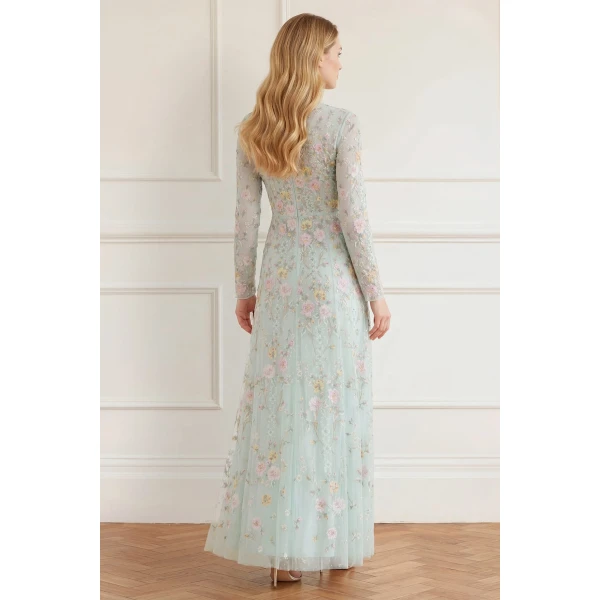 Needle & Thread Garden Rose Long Sleeve Ankle Gown in Sea Mist/Pastel Mint - Dresses - British Luxury Evening Wear at Luxury Shoes 