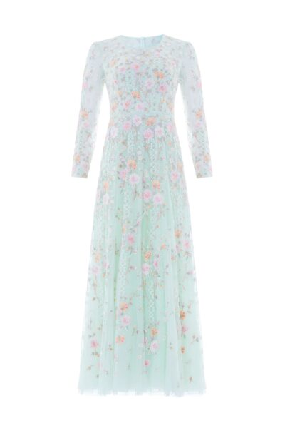 Needle & Thread Garden Rose Long Sleeve Ankle Gown in Sea Mist/Pastel Mint - Dresses - British Luxury Evening Wear at Luxury Shoes 