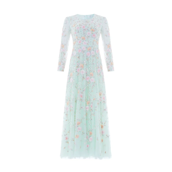 Needle & Thread Garden Rose Long Sleeve Ankle Gown in Sea Mist/Pastel Mint - Dresses - British Luxury Evening Wear at Luxury Shoes 