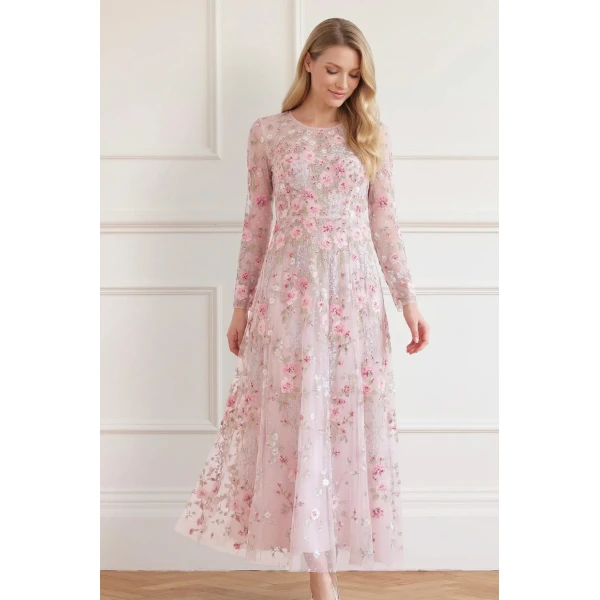 Needle & Thread Garden Rose Long Sleeve Ankle Gown in Shell/Bright - Dresses - British Luxury Evening Wear at Luxury Shoes 