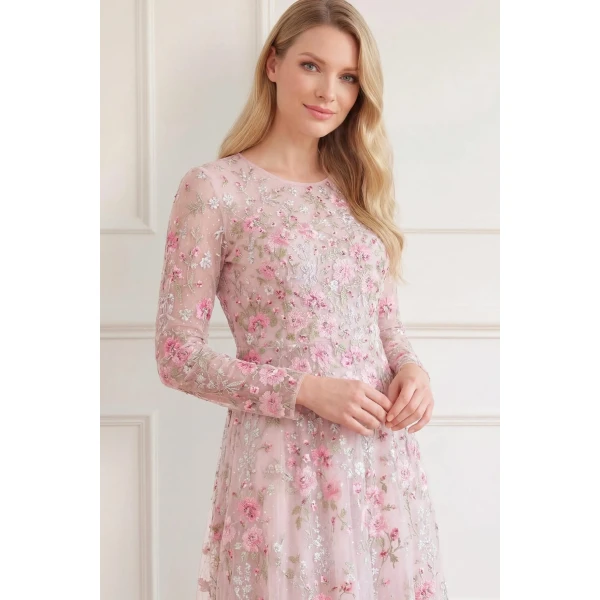 Needle & Thread Garden Rose Long Sleeve Ankle Gown in Shell/Bright - Dresses - British Luxury Evening Wear at Luxury Shoes 