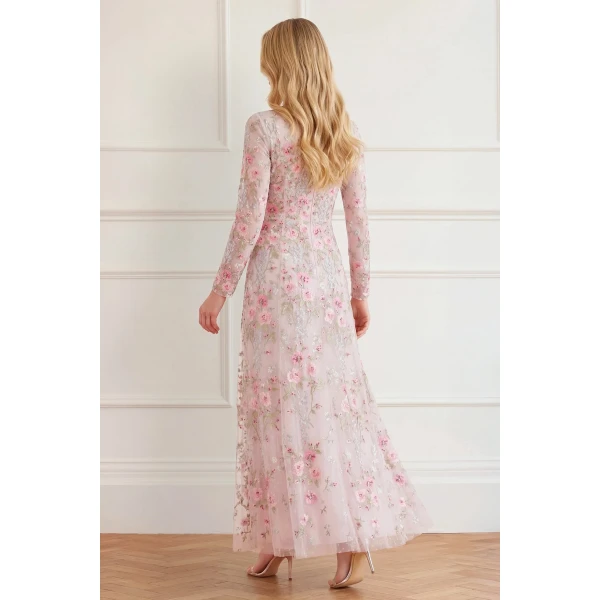 Needle & Thread Garden Rose Long Sleeve Ankle Gown in Shell/Bright - Dresses - British Luxury Evening Wear at Luxury Shoes 