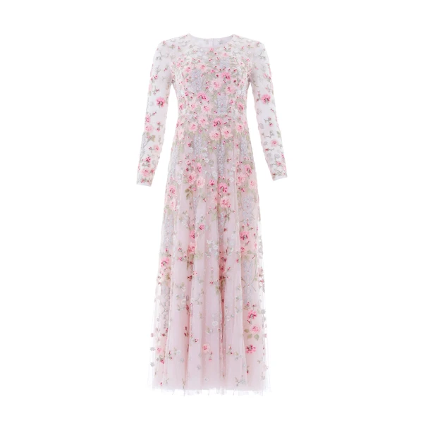 Needle & Thread Garden Rose Long Sleeve Ankle Gown in Shell/Bright - Dresses - British Luxury Evening Wear at Luxury Shoes 