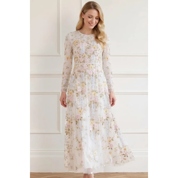 Needle & Thread Garden Rose Long Sleeve Ankle Gown in Swan White/Pastel Blue - Dresses - British Luxury Evening Wear at Luxury Shoes 