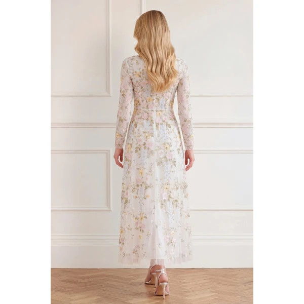 Needle & Thread Garden Rose Long Sleeve Ankle Gown in Swan White/Pastel Blue - Dresses - British Luxury Evening Wear at Luxury Shoes 