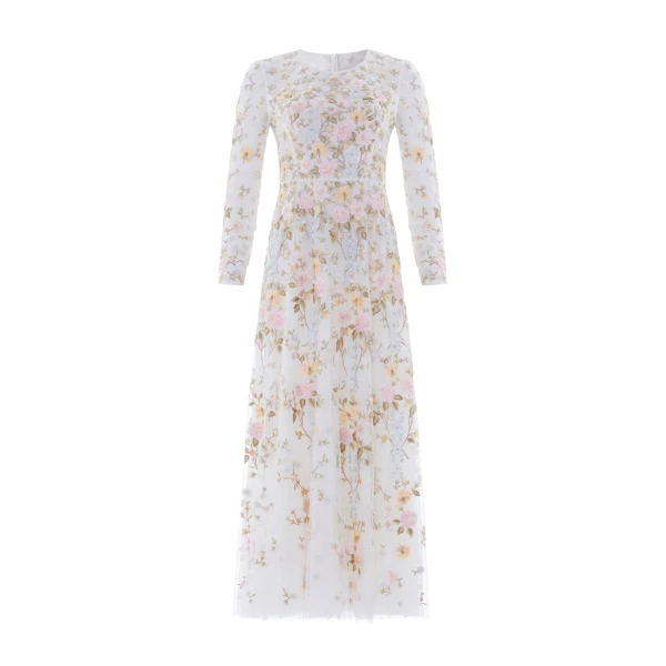 Needle & Thread Garden Rose Long Sleeve Ankle Gown in Swan White/Pastel Blue - Dresses - British Luxury Evening Wear at Luxury Shoes 