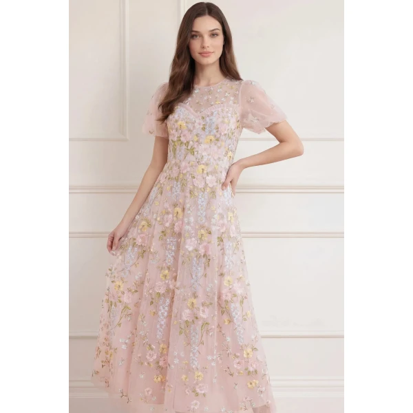 Needle & Thread Garden Rose Short Sleeve Ankle Gown in Shell/Pastel Blue - Dresses - British Luxury Evening Wear at Luxury Shoes 