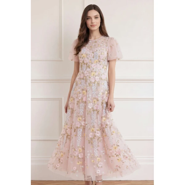 Needle & Thread Garden Rose Short Sleeve Ankle Gown in Shell/Pastel Blue - Dresses - British Luxury Evening Wear at Luxury Shoes 