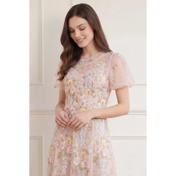 Needle & Thread Garden Rose Short Sleeve Ankle Gown in Shell/Pastel Blue - Dresses - British Luxury Evening Wear at Luxury Shoes 