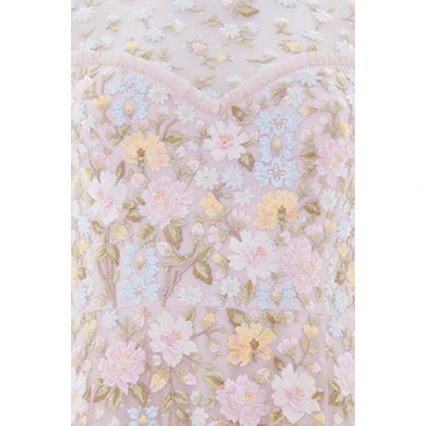 Needle & Thread Garden Rose Short Sleeve Ankle Gown in Shell/Pastel Blue - Dresses - British Luxury Evening Wear at Luxury Shoes 