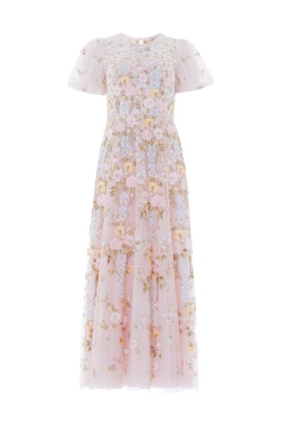 Needle & Thread Garden Rose Short Sleeve Ankle Gown in Shell/Pastel Blue - Dresses - British Luxury Evening Wear at Luxury Shoes 