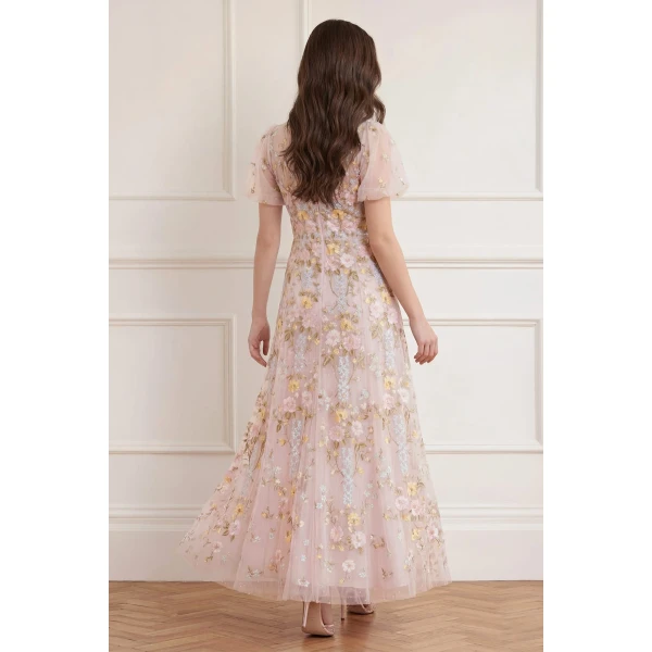 Needle & Thread Garden Rose Short Sleeve Ankle Gown in Shell/Pastel Blue - Dresses - British Luxury Evening Wear at Luxury Shoes 