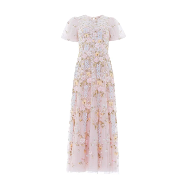 Needle & Thread Garden Rose Short Sleeve Ankle Gown in Shell/Pastel Blue - Dresses - British Luxury Evening Wear at Luxury Shoes 