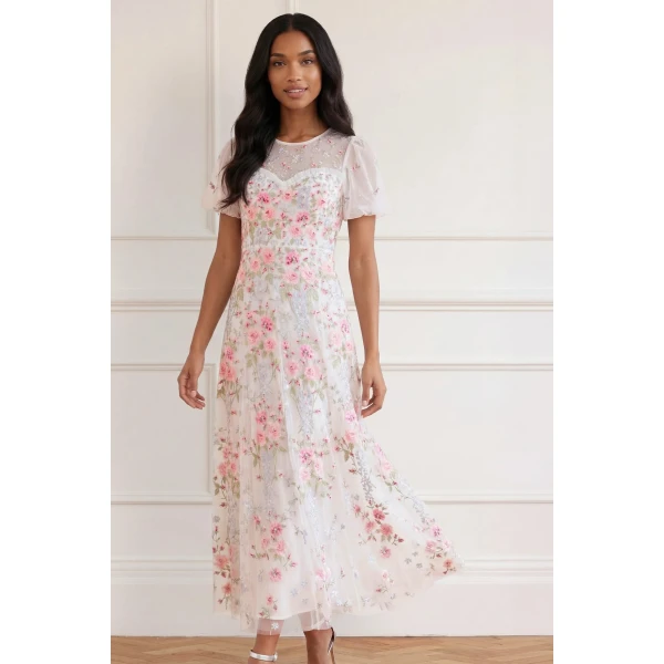 Needle & Thread Garden Rose Short Sleeve Ankle Gown in Swan White/Bright - Dresses - British Luxury Evening Wear at Luxury Shoes 