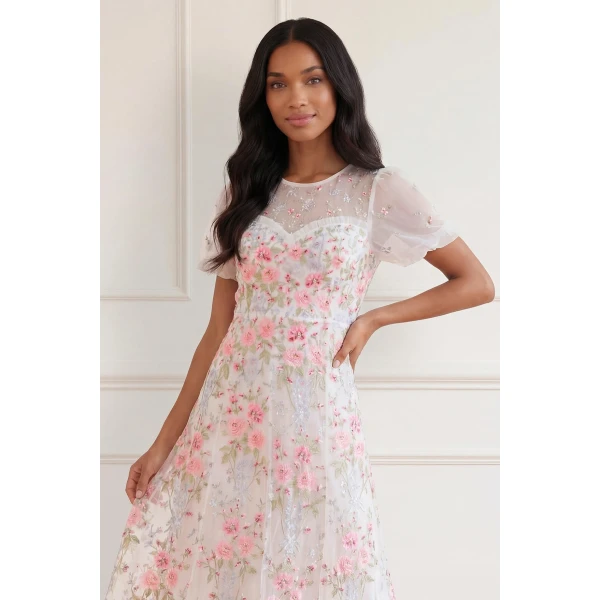 Needle & Thread Garden Rose Short Sleeve Ankle Gown in Swan White/Bright - Dresses - British Luxury Evening Wear at Luxury Shoes 