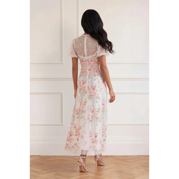 Needle & Thread Garden Rose Short Sleeve Ankle Gown in Swan White/Bright - Dresses - British Luxury Evening Wear at Luxury Shoes 
