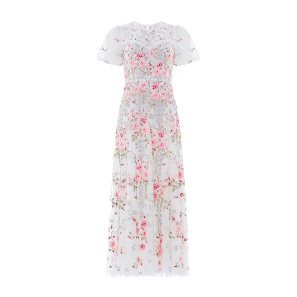 Needle & Thread Garden Rose Short Sleeve Ankle Gown in Swan White/Bright - Dresses - British Luxury Evening Wear at Luxury Shoes 