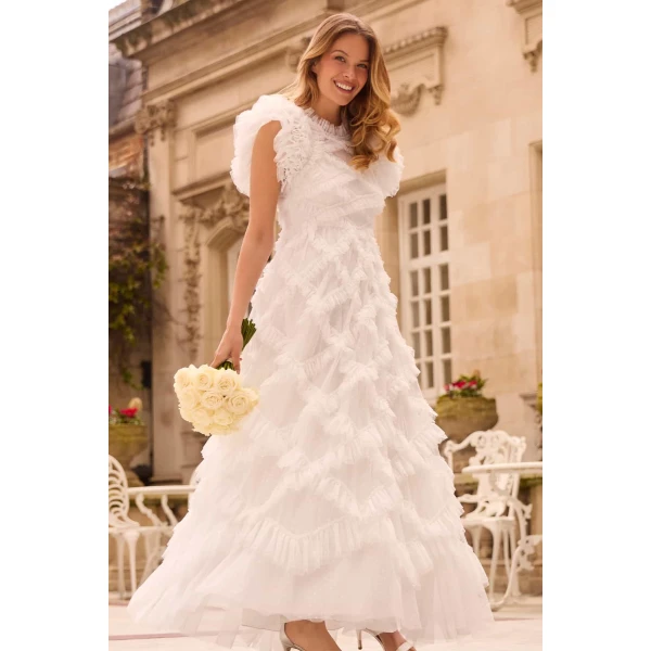Needle & Thread Genevieve Ruffle Gown in Swan White - Dresses - British Luxury Evening Wear at Luxury Shoes 