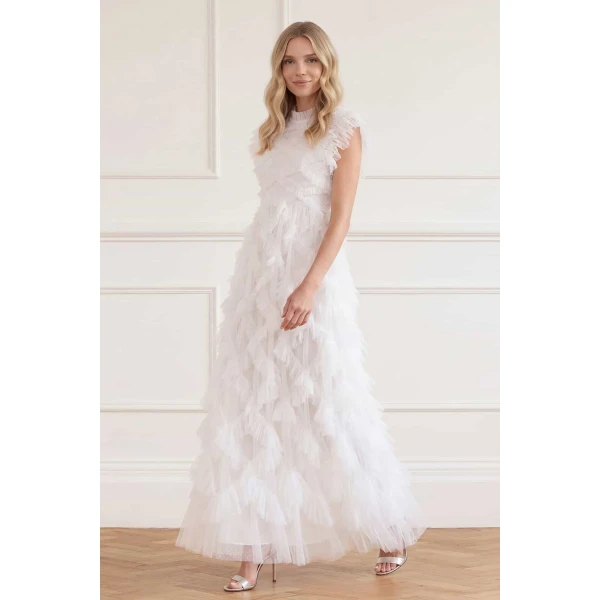 Needle & Thread Genevieve Ruffle Gown in Swan White - Dresses - British Luxury Evening Wear at Luxury Shoes 