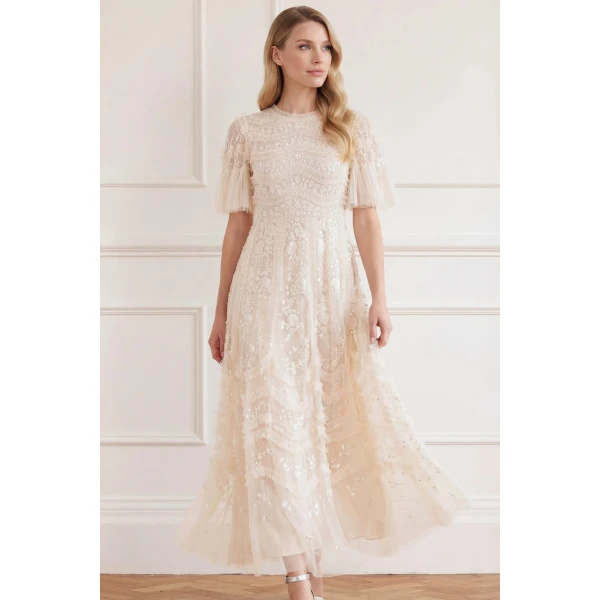 Needle & Thread Gianna Ruffle Short Sleeve Ankle Gown in Cream - Dresses - British Luxury Evening Wear at Luxury Shoes 