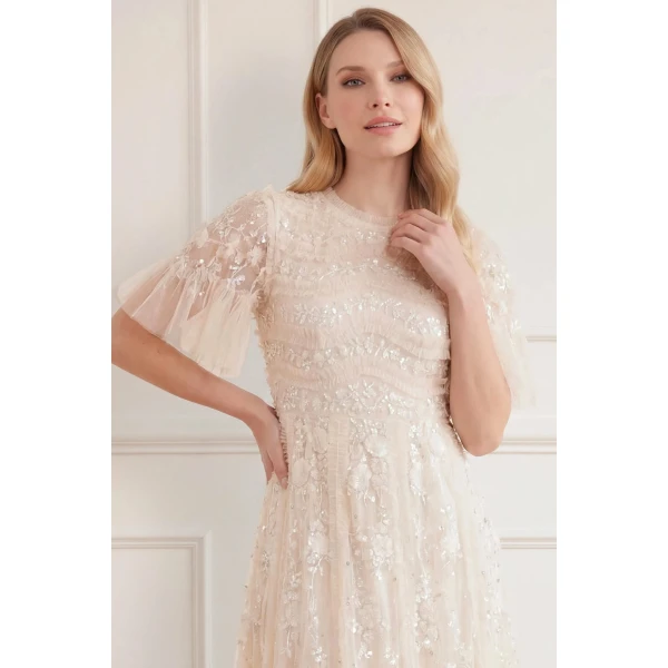 Needle & Thread Gianna Ruffle Short Sleeve Ankle Gown in Cream - Dresses - British Luxury Evening Wear at Luxury Shoes 