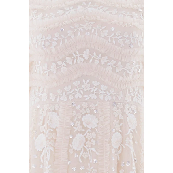 Needle & Thread Gianna Ruffle Short Sleeve Ankle Gown in Cream - Dresses - British Luxury Evening Wear at Luxury Shoes 
