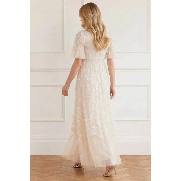 Needle & Thread Gianna Ruffle Short Sleeve Ankle Gown in Cream - Dresses - British Luxury Evening Wear at Luxury Shoes 