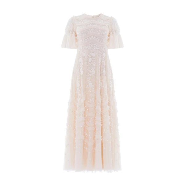 Needle & Thread Gianna Ruffle Short Sleeve Ankle Gown in Cream - Dresses - British Luxury Evening Wear at Luxury Shoes 