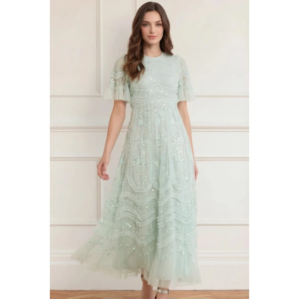 Needle & Thread Gianna Ruffle Short Sleeve Ankle Gown in Sea Mist - Dresses - British Luxury Evening Wear at Luxury Shoes 