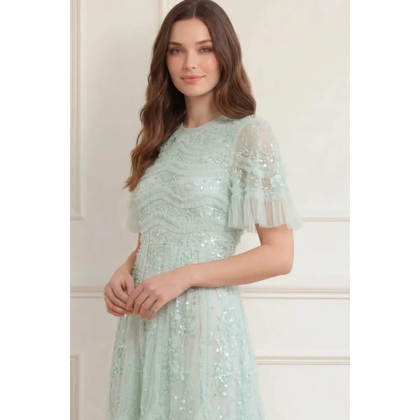 Needle & Thread Gianna Ruffle Short Sleeve Ankle Gown in Sea Mist - Dresses - British Luxury Evening Wear at Luxury Shoes 
