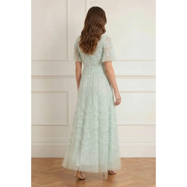 Needle & Thread Gianna Ruffle Short Sleeve Ankle Gown in Sea Mist - Dresses - British Luxury Evening Wear at Luxury Shoes 