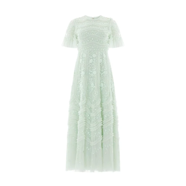 Needle & Thread Gianna Ruffle Short Sleeve Ankle Gown in Sea Mist - Dresses - British Luxury Evening Wear at Luxury Shoes 