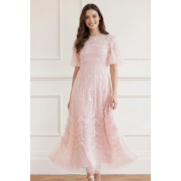 Needle & Thread Gianna Ruffle Short Sleeve Ankle Gown in Shell - Dresses - British Luxury Evening Wear at Luxury Shoes 