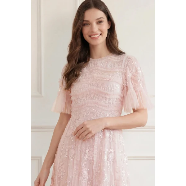 Needle & Thread Gianna Ruffle Short Sleeve Ankle Gown in Shell - Dresses - British Luxury Evening Wear at Luxury Shoes 