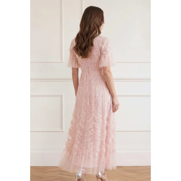 Needle & Thread Gianna Ruffle Short Sleeve Ankle Gown in Shell - Dresses - British Luxury Evening Wear at Luxury Shoes 