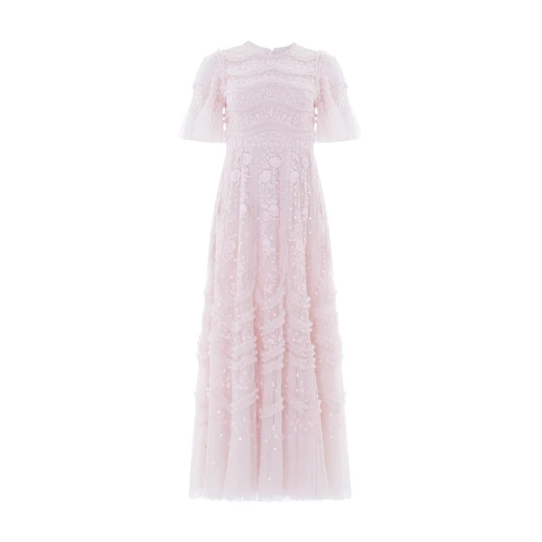 Needle & Thread Gianna Ruffle Short Sleeve Ankle Gown in Shell - Dresses - British Luxury Evening Wear at Luxury Shoes 